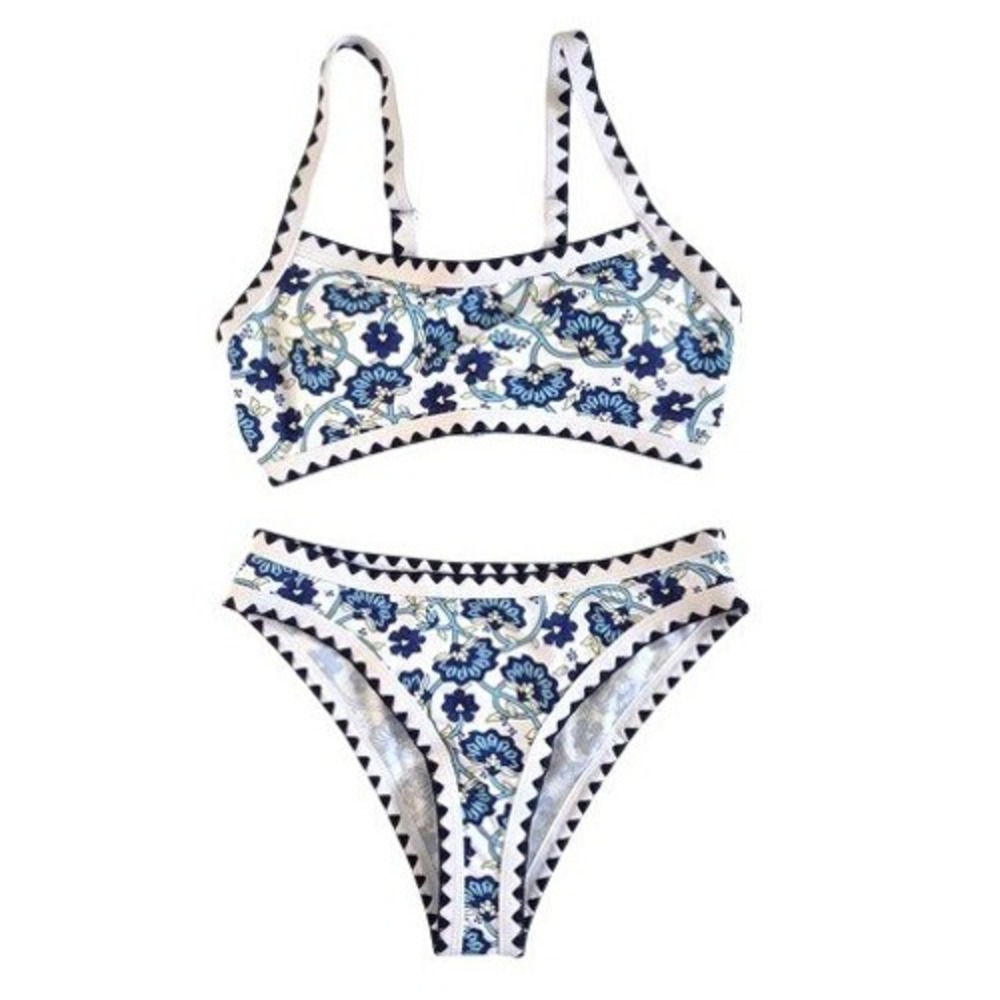 Blue White Floral Bikini Set Scoop Neck Lace Up Back Swimsuit Womens Size Small